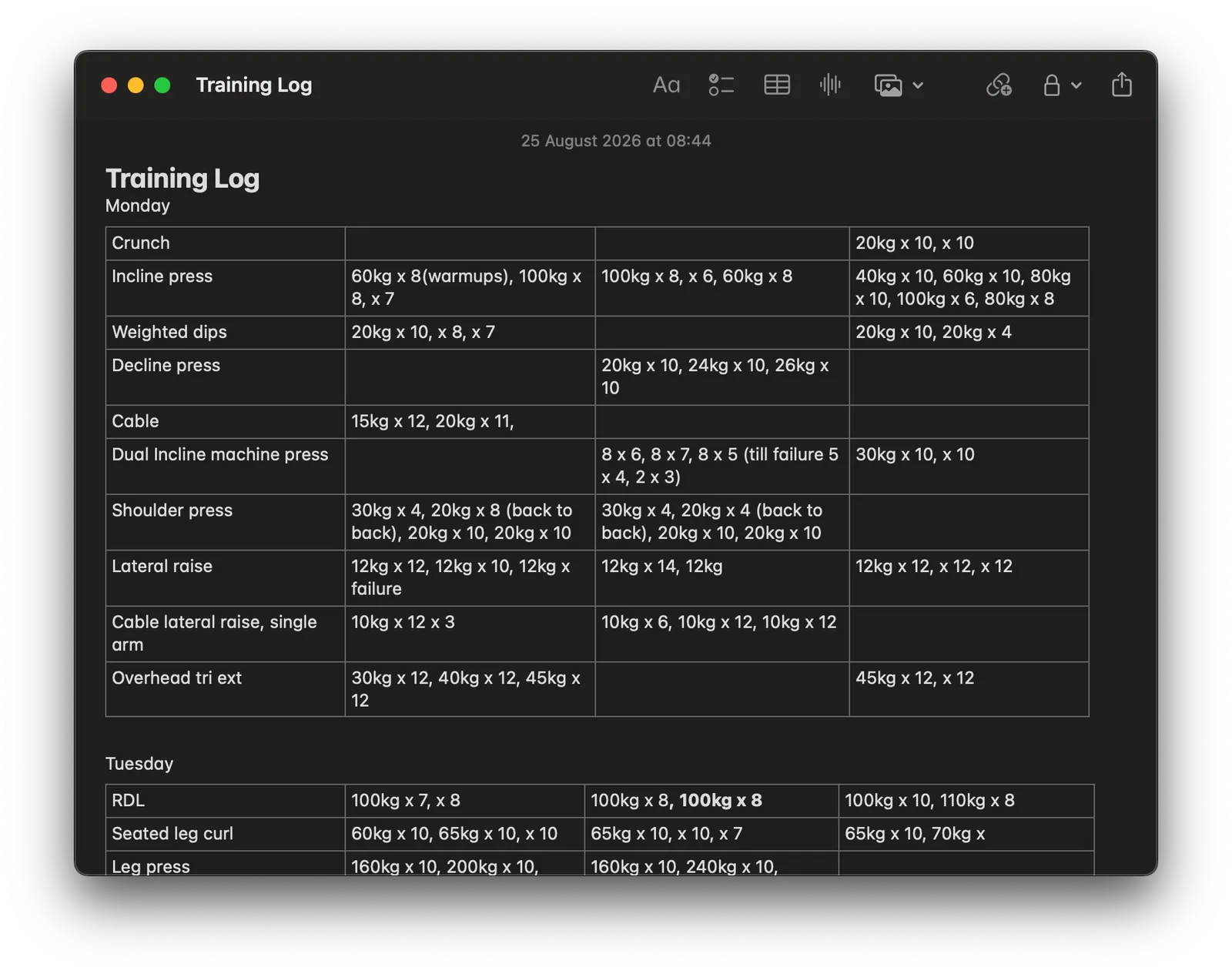 A note titled Training Log, holding a plain table of exercises and the weights and reps logged against each one